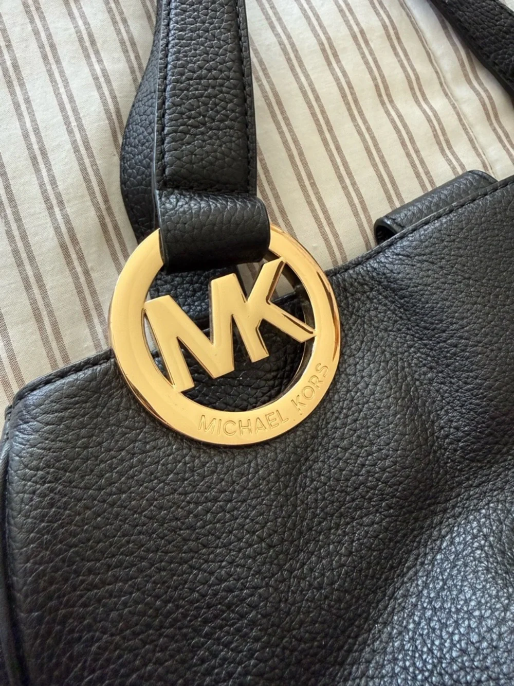 Michael Kors Black Leather Tote with Gold MK Logo Charm